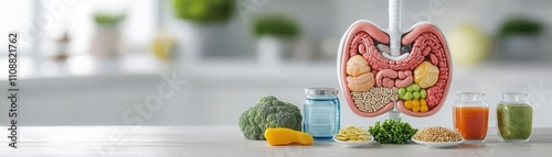 A model of lungs with healthy foods and drinks, symbolizing the connection between nutrition and respiratory health.