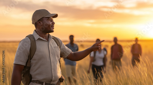 African safari guide leads eager tourists on a sunset wildlife viewing adventure in the savannah, setting a magical scene photo