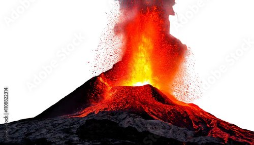 Top View Of  Volcano Eruption with Lava Flowing on White Background