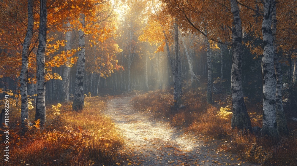 Obraz premium Sunlit path through autumnal birch forest.