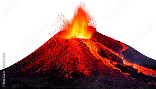 Top View Of  Volcano Eruption with Lava Flowing on White Background