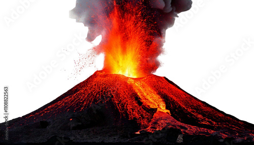 Top View Of  Volcano Eruption with Lava Flowing on White Background
