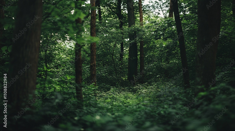 Obraz premium Lush green foliage covering forest floor in dense woods