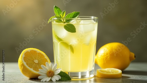 Chamomile lemonade with lemon and mint in a glass, close up. Refreshing summer drink, mocktail