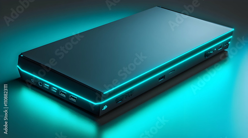 Sleek black rectangular device with glowing cyan accents, showcasing various ports and connections.