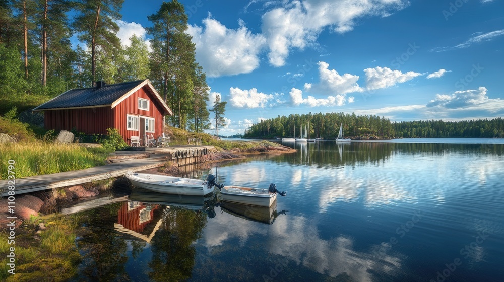 Fototapeta premium Tranquil Harbor Scene in Finland with Sailboats