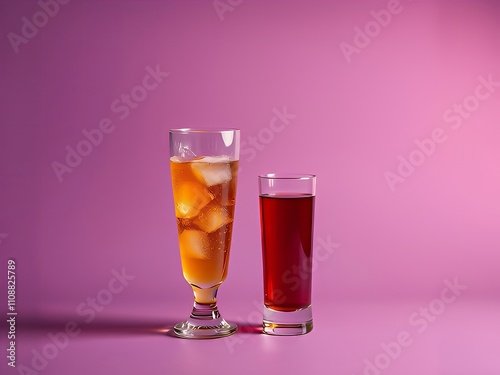 there are two glasses of drinks with ice and a drink in them. photo