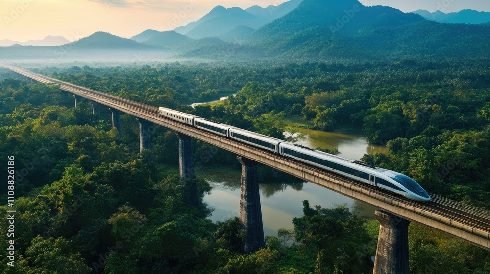 Obraz premium High-Speed Train Crossing Towering Bridge