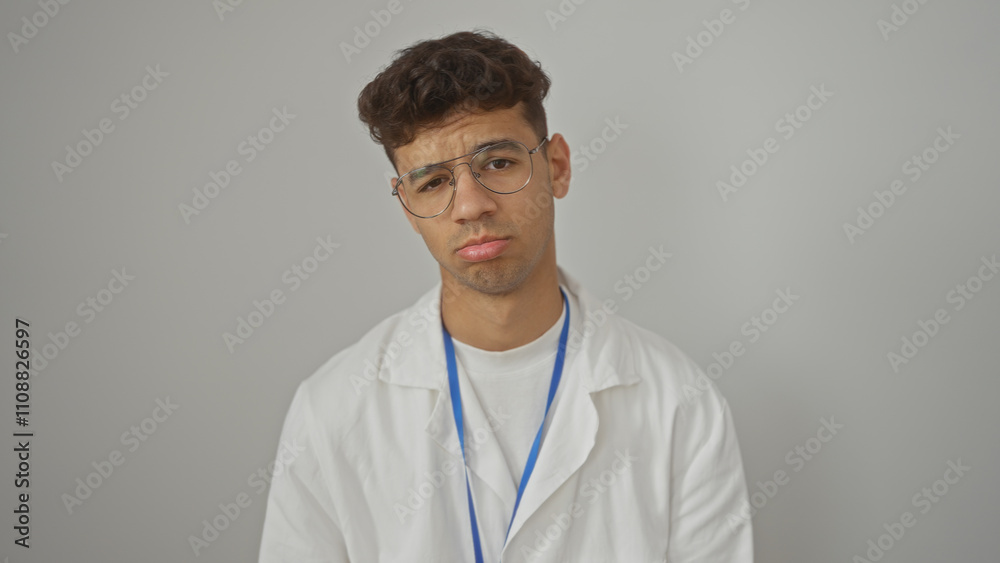 A young, hispanic man in glasses and a white shirt poses against an isolated white background, looking slightly sad. A young, hispanic man in glasses and a white shirt poses against an isolated white background, looking slightly sad.