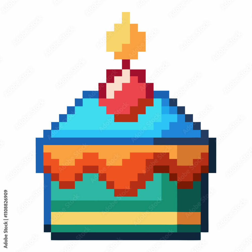 Fototapeta premium Pixel Art Birthday Cake with Candle and Cherry Retro Gaming Style Digital Artwork
