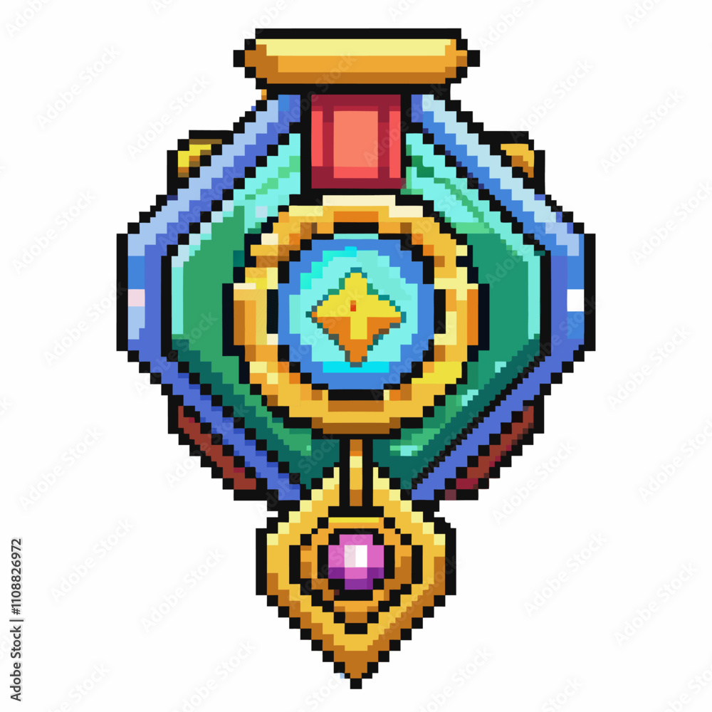 Fototapeta premium Colorful Pixel Art Medal with Geometric Design and Star Icon in a Retro Style