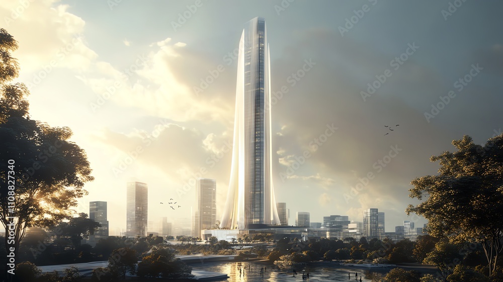 Obraz premium Modern skyscraper towering over a serene urban landscape at sunset.