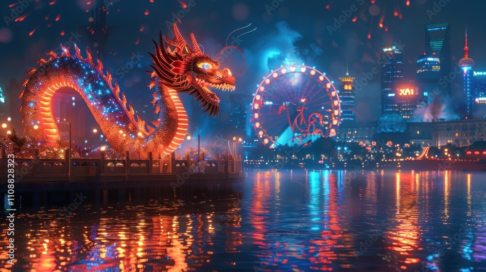 Fototapeta premium Illuminated dragon statue by waterfront with cityscape, Ferris wheel, and fireworks at night.