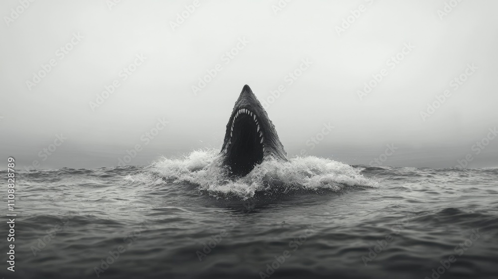 Fototapeta premium Dramatic Black White Shark Open Mouth Ocean Wave Danger Predator