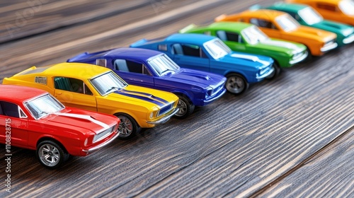 Colorful Collection of Vintage Muscle Cars Toy Models Displayed on a Wooden Surface, Showcasing Different Colors and Designs in a Captivating Arrangement