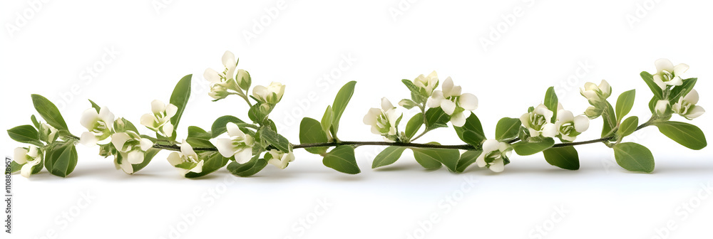 Fototapeta premium A sprig of white flowers and green leaves on a white background
