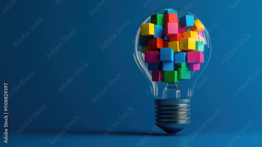 Colorful cubes inside a light bulb symbolize creativity Colorful cubes inside a light bulb symbolize creativity