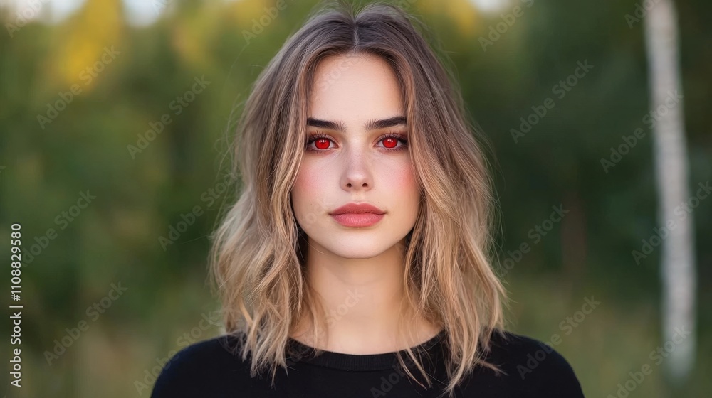 Naklejka premium Mysterious Woman with Red Eyes in Forest Fantasy Witch Halloween Costume Spooky Portrait