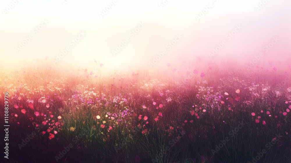 Soft focus sunrise over a misty field of wildflowers in pink, purple, and orange hues. Soft focus sunrise over a misty field of wildflowers in pink, purple, and orange hues.