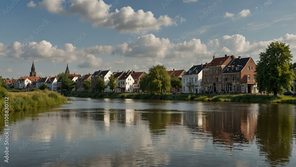 Obraz premium Scenic view of the IJssel and houses along Zutphen’s riverbank.