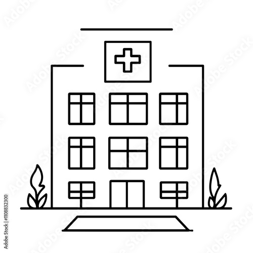 Modern Hospital Building Line Art with Cross Symbol for Healthcare Facilities