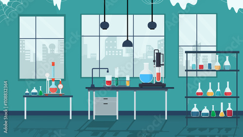 Chemistry laboratory room and microbiology test tube. Layered on the table stand is a 2D flat art vector illustration
