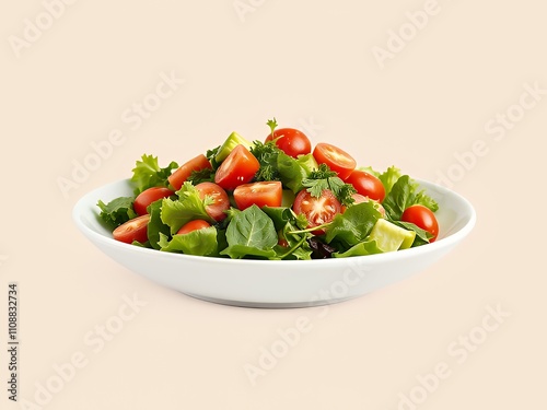 there is a bowl of salad with tomatoes and lettuce in it.