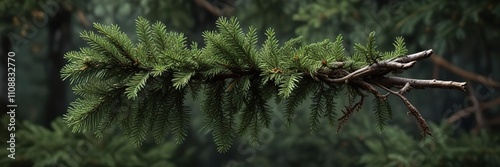 Spruce needle branch with dark green foliage and twisted bark, forest, texture, evergreen