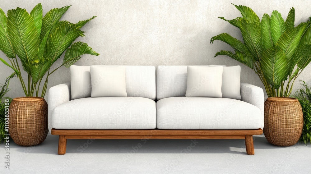 Fototapeta premium Modern White Sofa with Tropical Plants