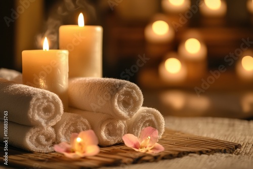 Close-up of scented candles burning in a dimly lit spa room