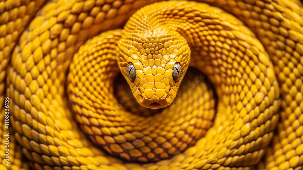 Fototapeta premium Golden Serpent: A Close-Up Masterpiece - A mesmerizing close-up of a coiled yellow snake, symbolizing nature, mystery, power, beauty, and danger.