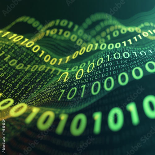 Flowing stream of binary code in green and yellow hues representing data transfer and technology