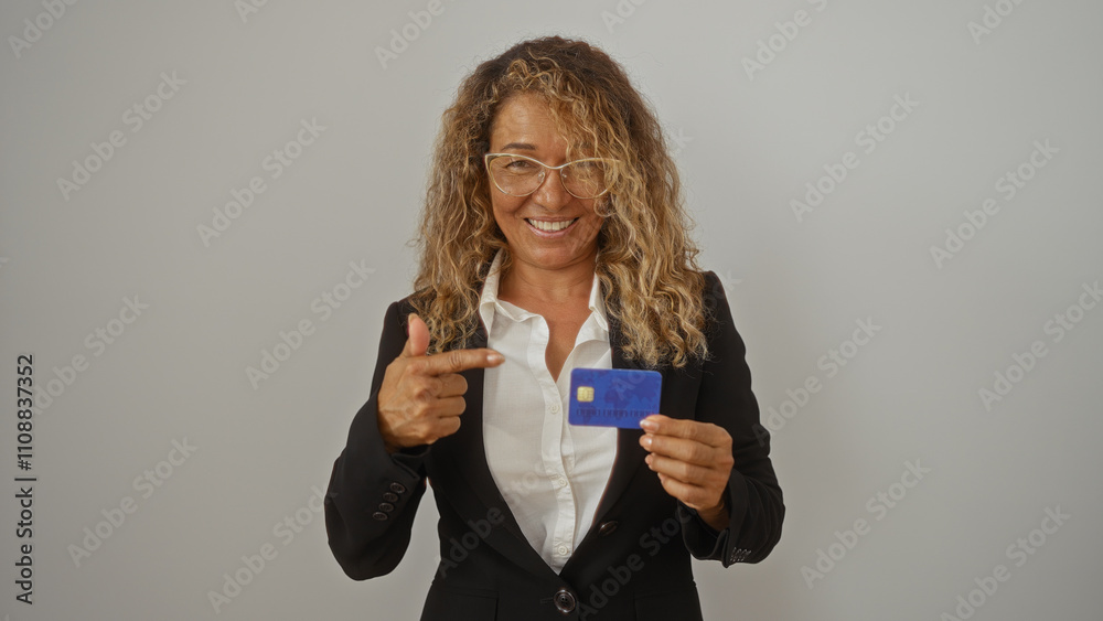 Woman holding and pointing at a credit card while smiling on a white background, emphasizing finance, business, and secure banking Woman holding and pointing at a credit card while smiling on a white background, emphasizing finance, business, and secure banking