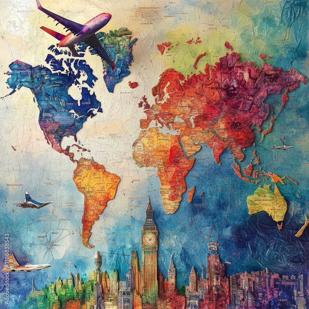 Naklejka premium I Love Traveling - Air Transport, Tourism Concept, Vector Illustration - Design with Flying Airplane on an Intercontinental Long Distance Route Leaves a Colorful Heart Shaped Trace on a Gray World Map