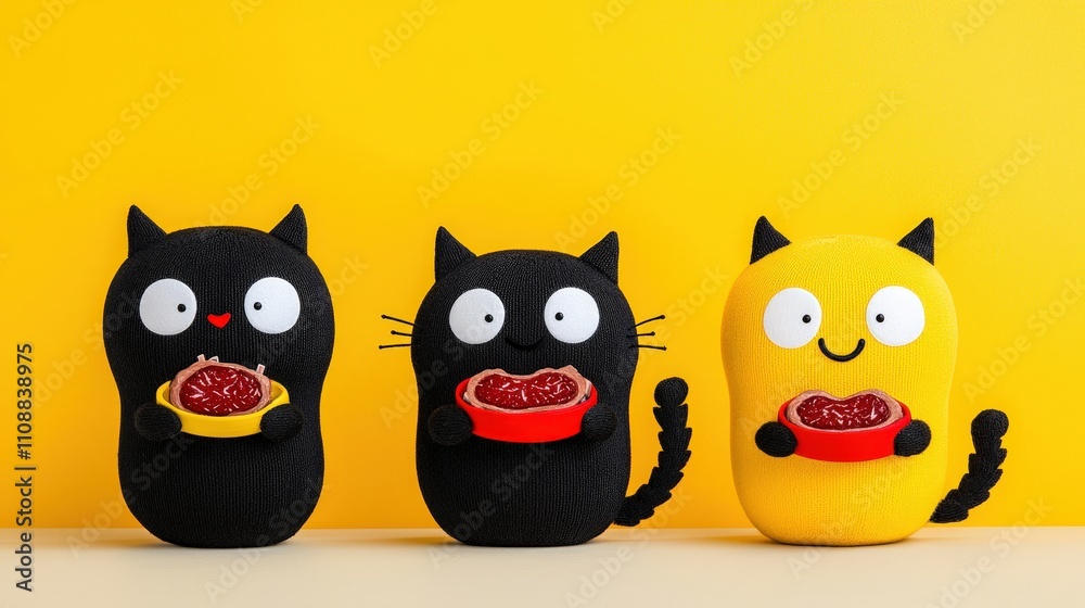 Fototapeta premium Cute Monster Cats Eating Steak Yellow Background Fun Illustration