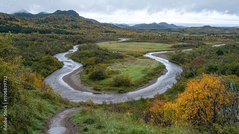 Fototapeta premium Stunning Autumn River Landscape Winding Water Vibrant Foliage Scenic View