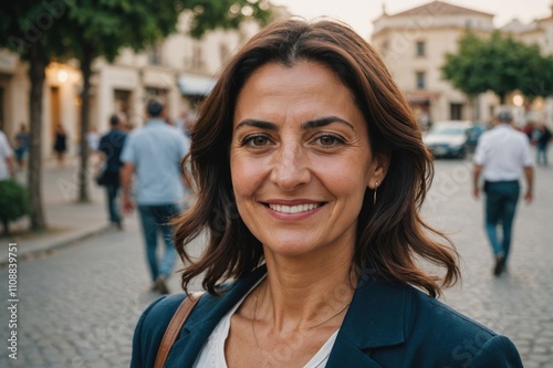 Close portrait of a smiling 40s Cypriot woman looking at the camera, Cypriot city outdoors  blurred background photo