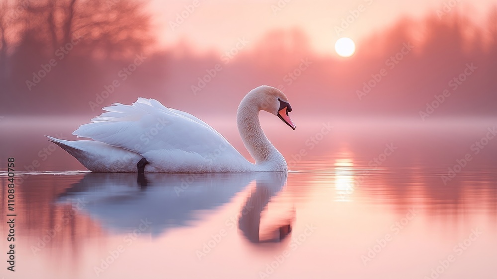 Fototapeta premium Swan swimming on a calm lake during a beautiful sunrise
