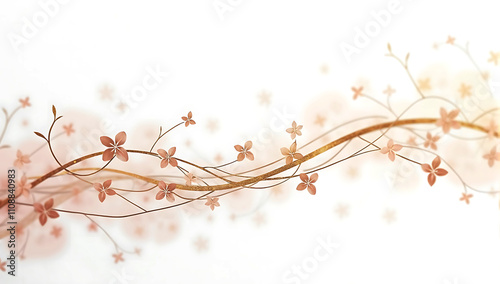 A minimalistic white background with delicate gold and rose gold abstract lines forming a continuous floral vine pattern, symbolizing growth and beauty.