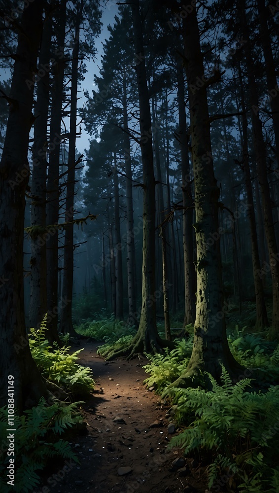 Fototapeta premium Serene ancient forest with moonlit twilight.