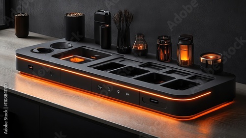 Modern kitchen spice organizer with sleek black design and LED lighting photo