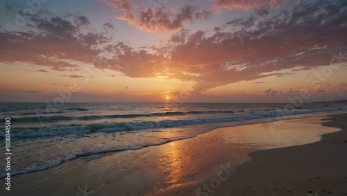 Serene beach at sunset with pastel sky colors.