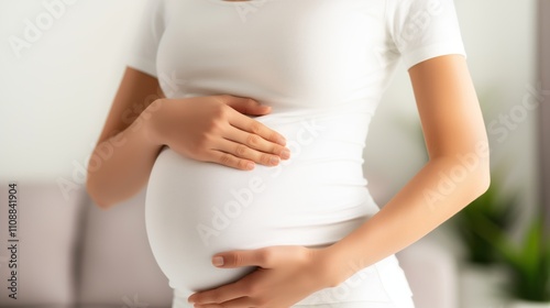 A woman is pregnant and holds her hands on the belly.