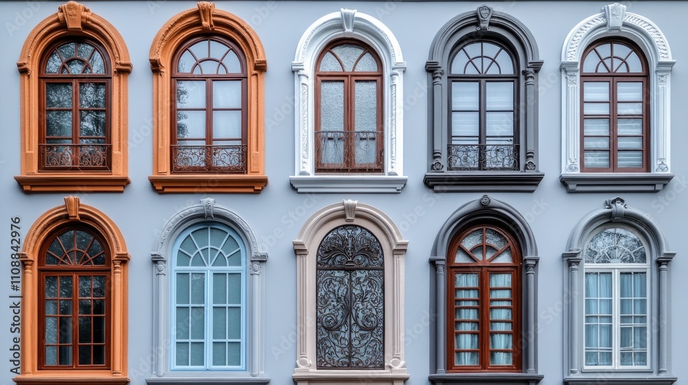 Obraz premium A colorful facade featuring various window designs and styles.