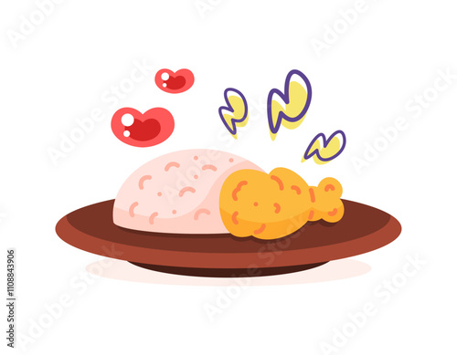 an illustration of a plate of rice with fried chicken. fried thigh. favorite menu of food package. fast food. flat style design. element photo