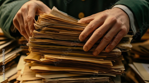 A close-up of a professional’s hands stacking important business documents, contracts, or a business portfolio. The focus is on the hands in motion, symbolizing organization, decision-making, and busi photo