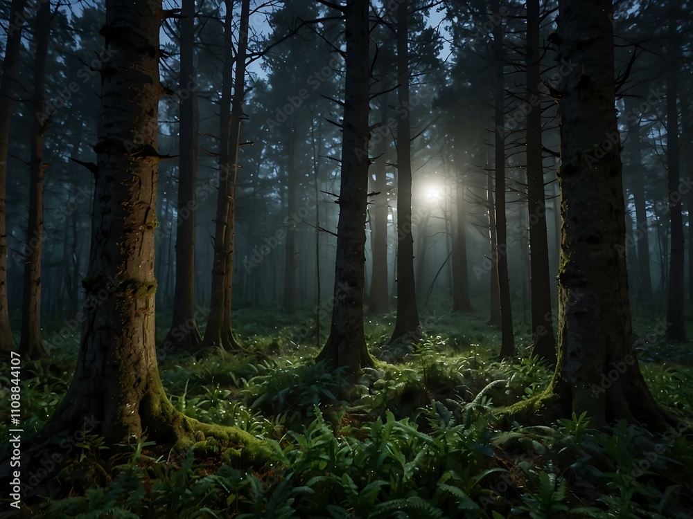 Fototapeta premium Serene moonlit twilight in an ancient forest.