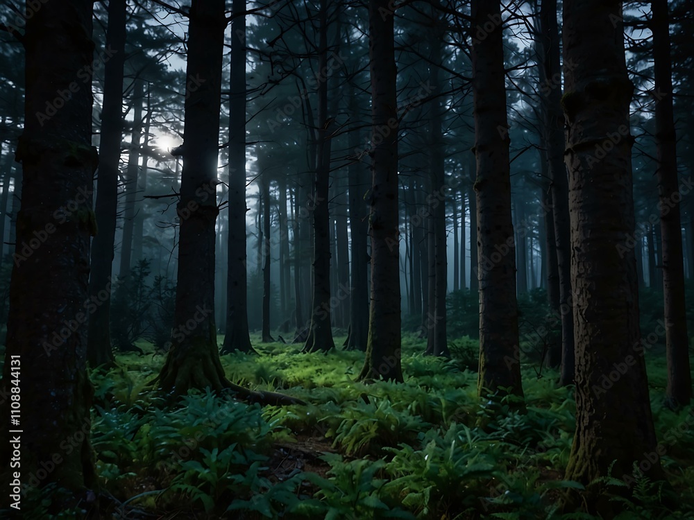 Fototapeta premium Serene moonlit twilight in an ancient forest.