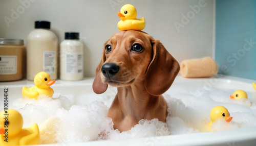 A cute dachshund puppy is enjoying a bubble bath, surrounded by several rubber duck toys