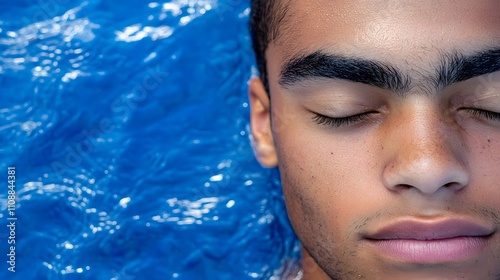 Close-up of a man's face with eyes closed, merged with an image of a calm sea, symbolizing inner peace.[men’s]:[mental health] 